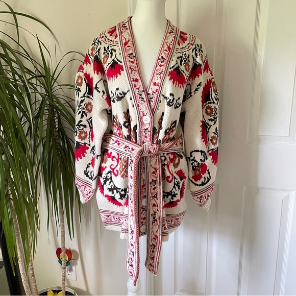 FARM Rio Cardigan Sweater Cashew Mandala Belted V-Neck Exclusive NWT - Picture 3 of 11